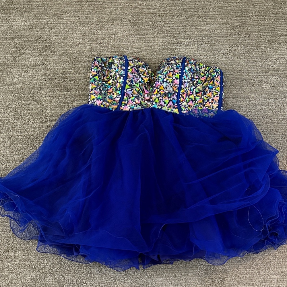 Blue Strapless Prom Dress with Sequin Bodice